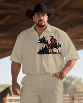 Western Denim-men's Plus Size Khaki Western Horse Farm Chest Print Short Sleeve Shirt Trousers Suit